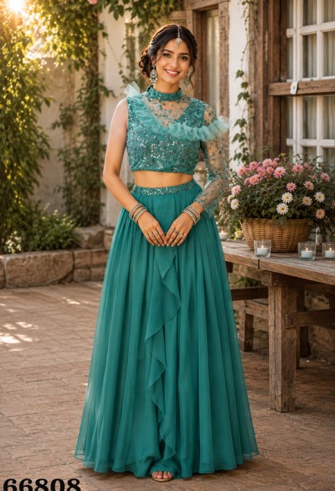 Turquoise Georgette Embroidered Work Lehenga Choli